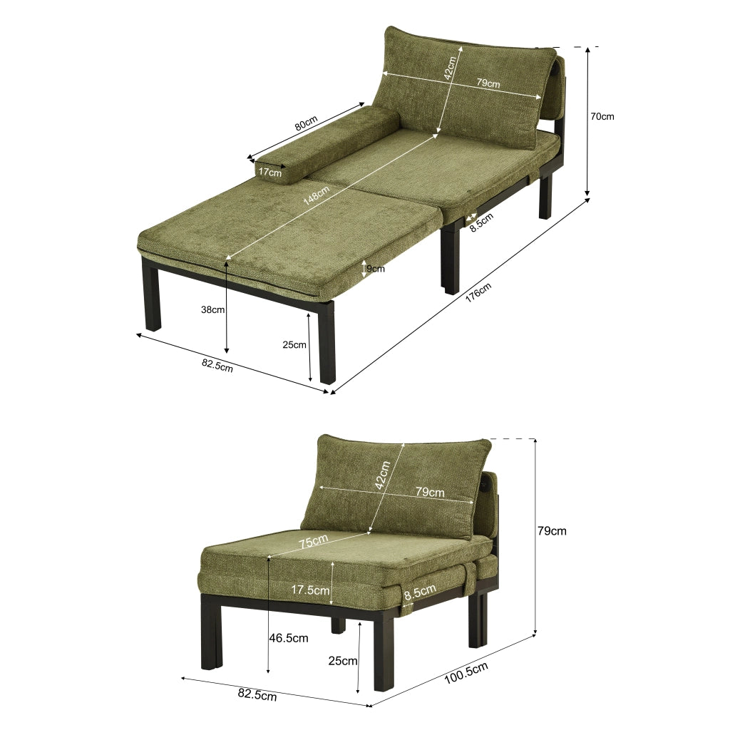 DIVANO LETTO pieghevole singolo 98x82x16 cm Velluto Verde USB Type-C