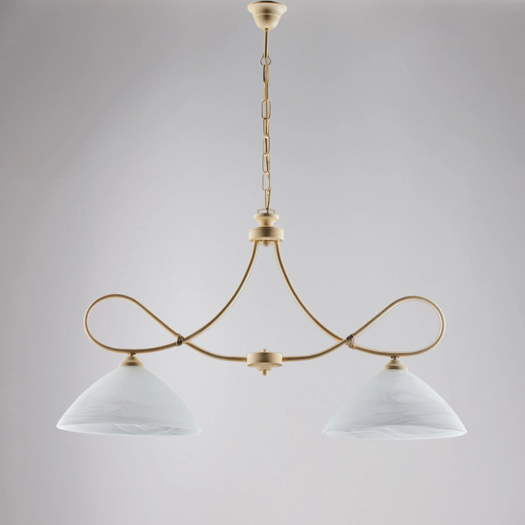 Lampadario in ferro laccato avorio con decorazione effetto decapè e rifiniture in oro antico con diffusori in vetro diametro 13 alabastro bianchi 2 luci