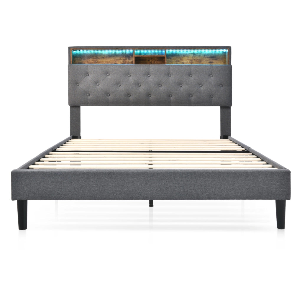 Letto matrimoniale imbottito 140x200 cm con contenitore; LED e materasso; grigio