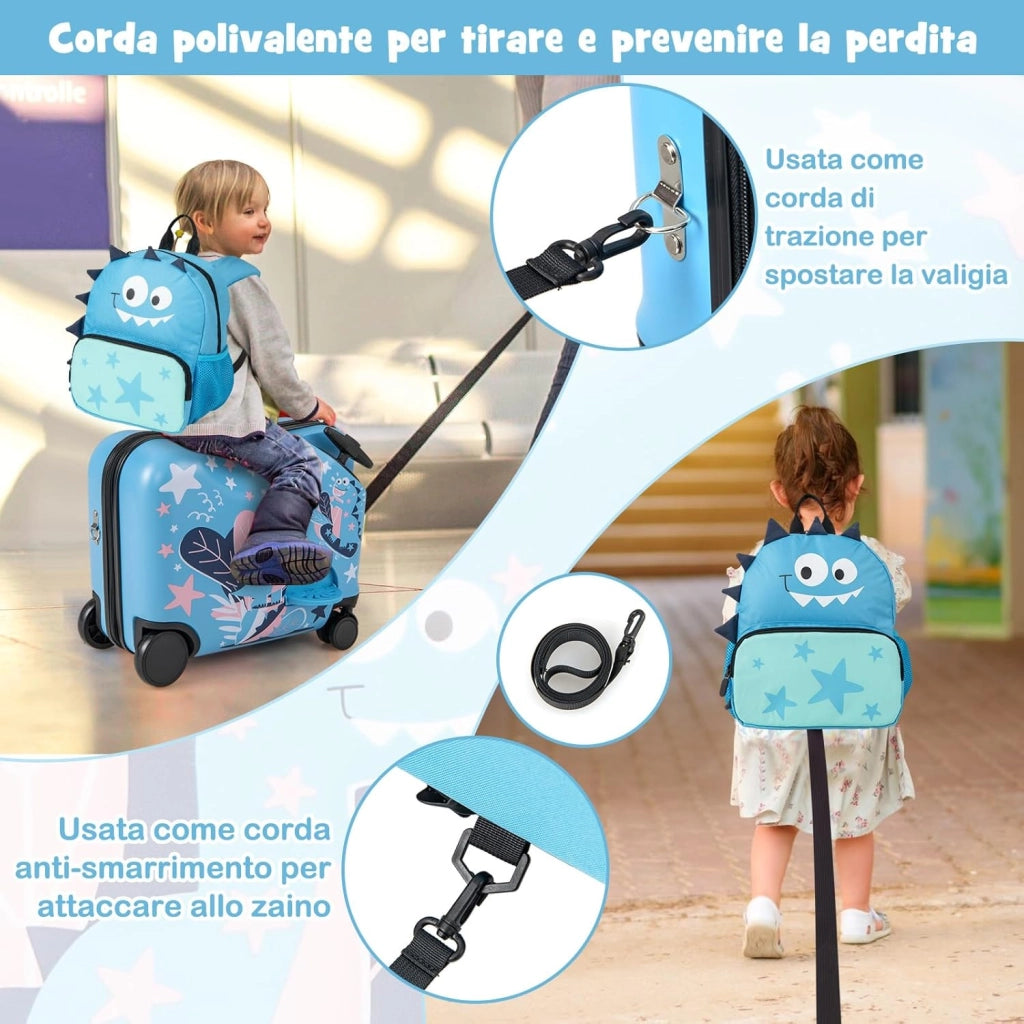 Valigia Cavalcabile per Bambini, 18" Valigia+ 12" Zaino,2 Pezzi, Trolley Bambini Bagaglio a Mano con Ruote Girevoli e Maniglia Retrattile, 2 Cingie Multiuso (Modello 8)