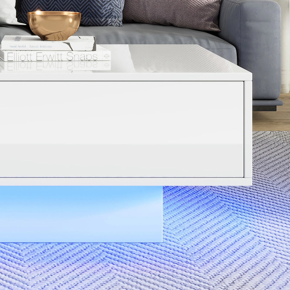 Tavolino da caffè rettangolare con 2 cassetti e LED, stile moderno, in truciolare, bianco, 115 × 55 × 34 cm