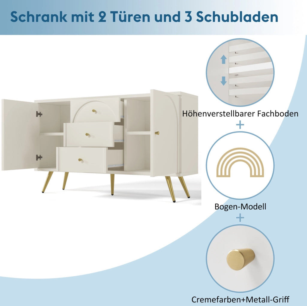 Credenza crema con 2 ante, 3 cassetti e ripiano regolabile