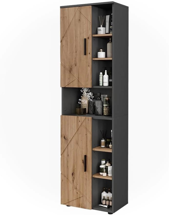Mobile alto Irma, Antracite/Artisan, 50 x 172 cm con 2 porte, con cesto della biancheria integrato per la separazione dei tipi di bucato