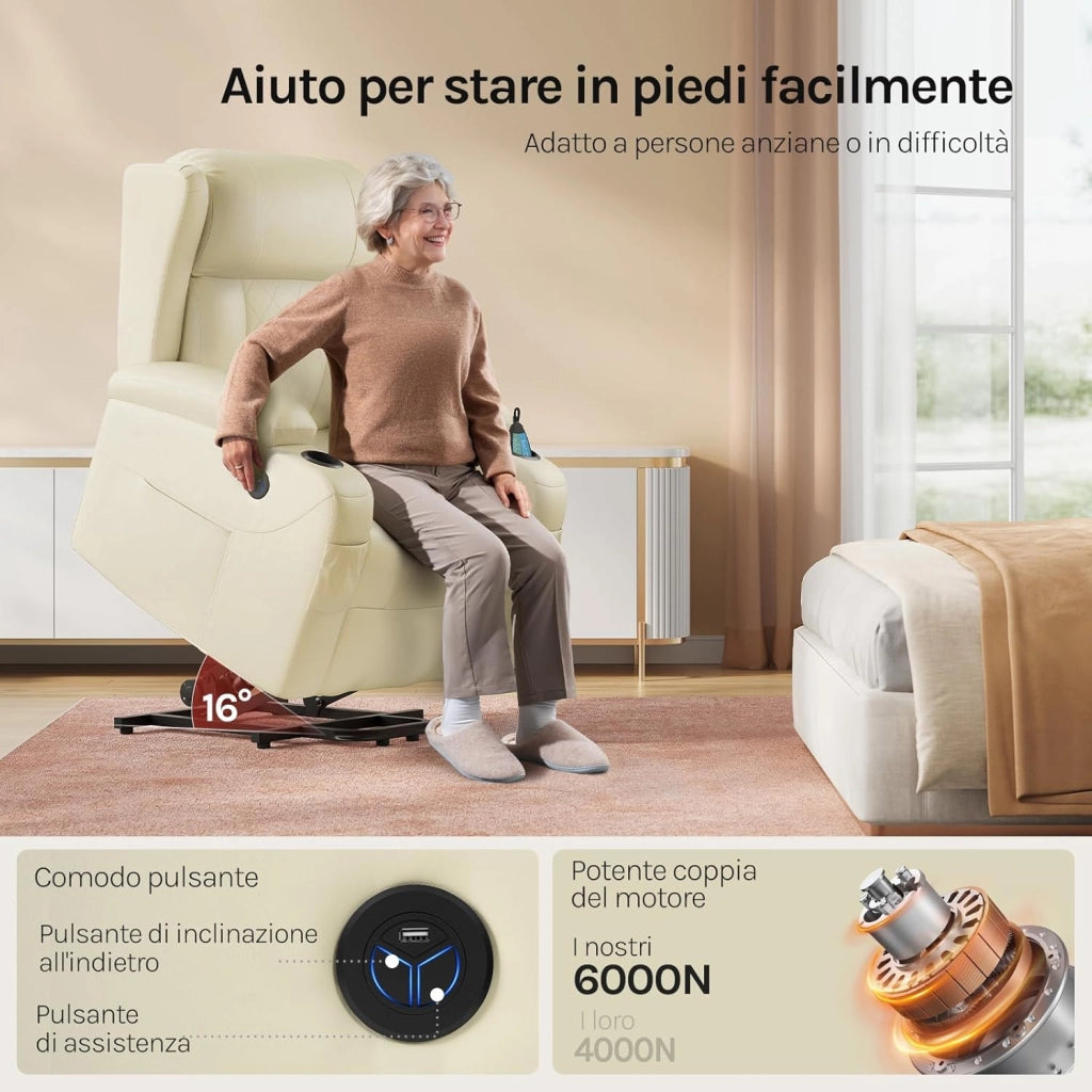 Poltrona Elettrica Reclinabile, Sedia Massaggiante con Alzapersone, Riscaldamento, Poggiapiedi, Tasche Laterali, Porta USB, Portabicchieri, per Soggiorno, PU, Beige, SKS62be