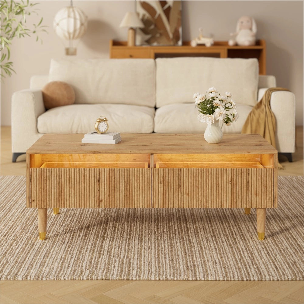 Tavolino da Caff¨¨ con LED e Cassetti ¨C MINIMAL ¨C Gambe Oro, Design Moderno