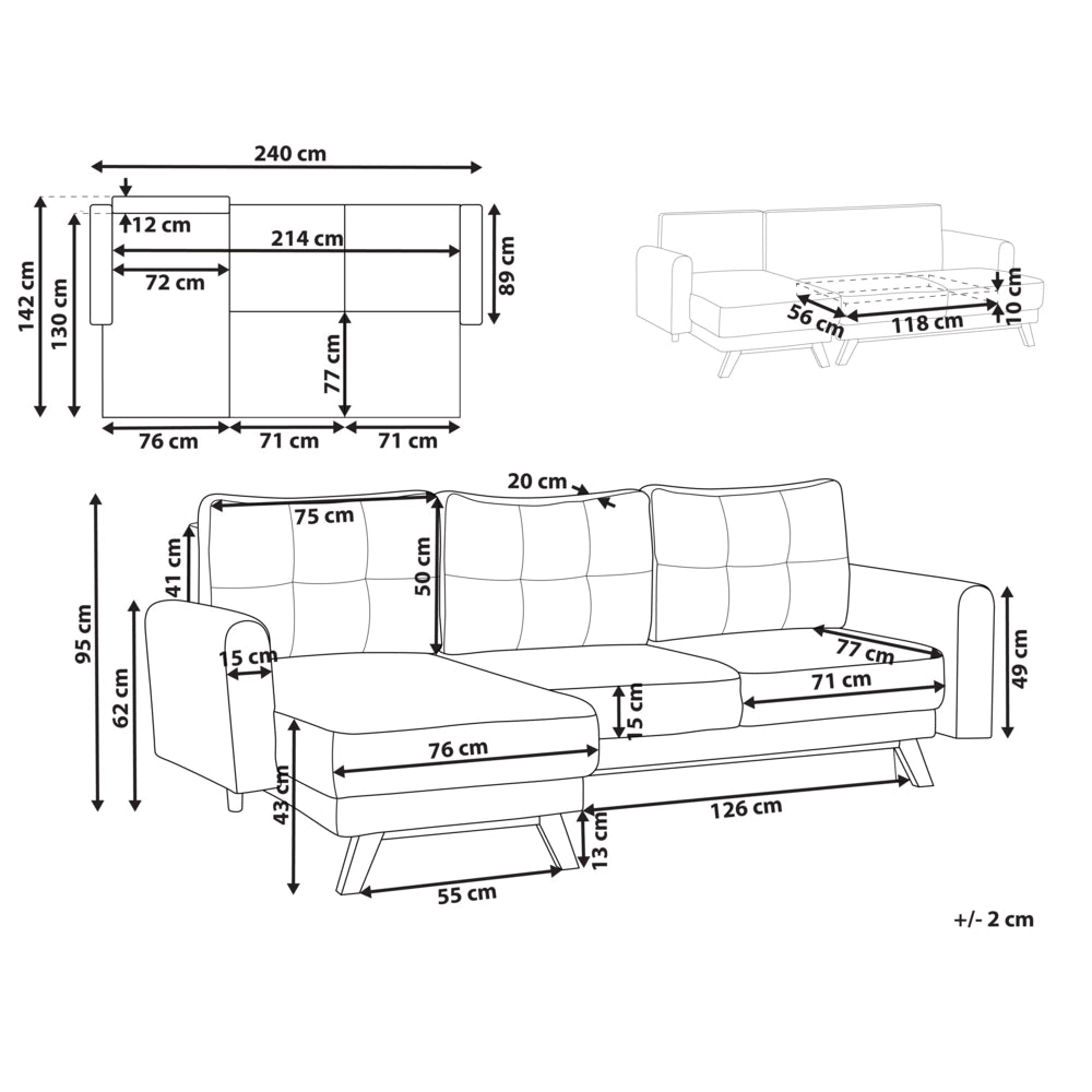 Divano angolare 3 posti destro imbottito in tessuto beige con funzione di dormiente e schienale imbottito estraibile Gambe in legno