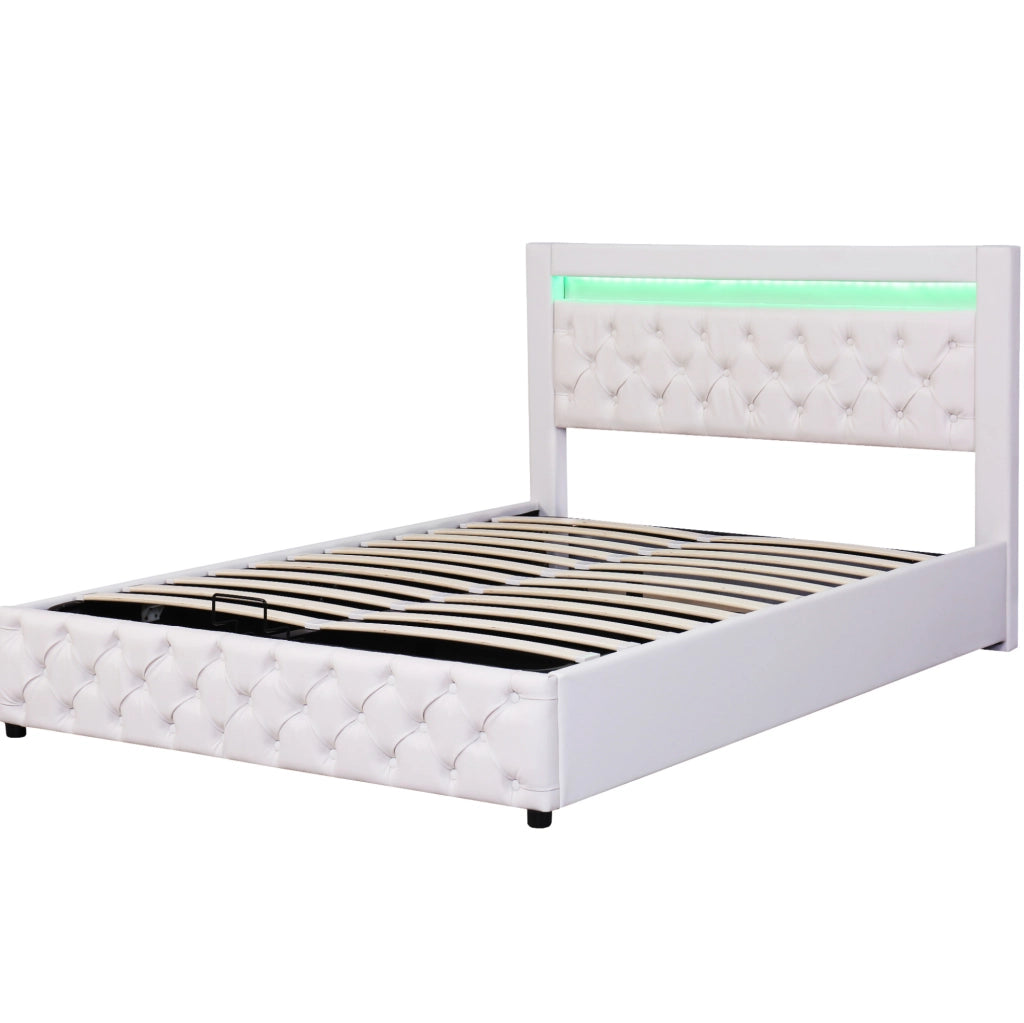 Letto matrimoniale imbottito 140x200 cm con rete a doghe; contenitore e LED; bianco in PU