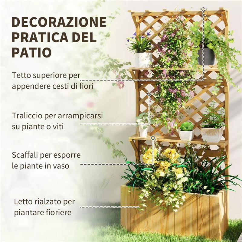 FIORIERA CON TRALICCIO PER RAMPICANTI FORI DI DRENAGGIO E 2 MENSOLE IN LEGNO DI ABETE 76X33X177 CM