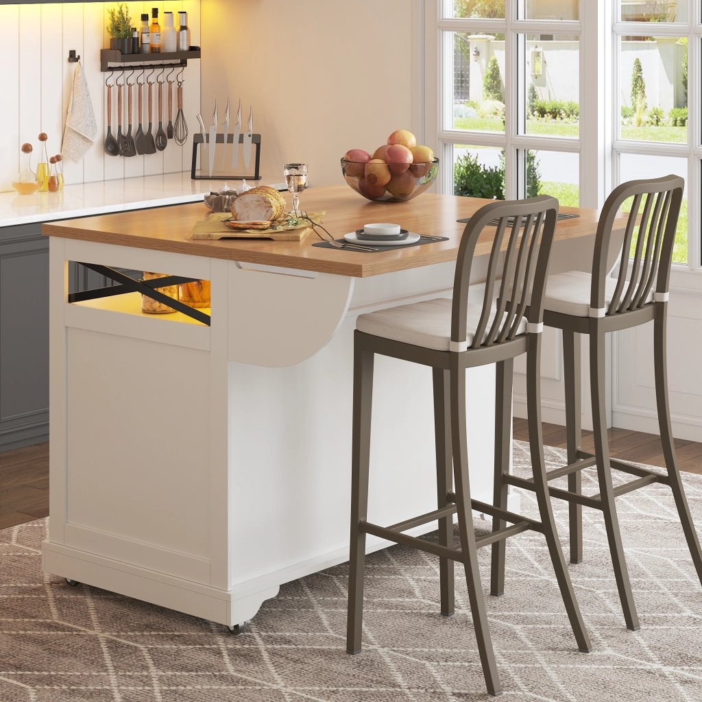 OKWISH Carrello da cucina con piano pieghevole, vani portaoggetti su due lati, luce led e ruote, per cucina e soggiorno, MDF, Bianco