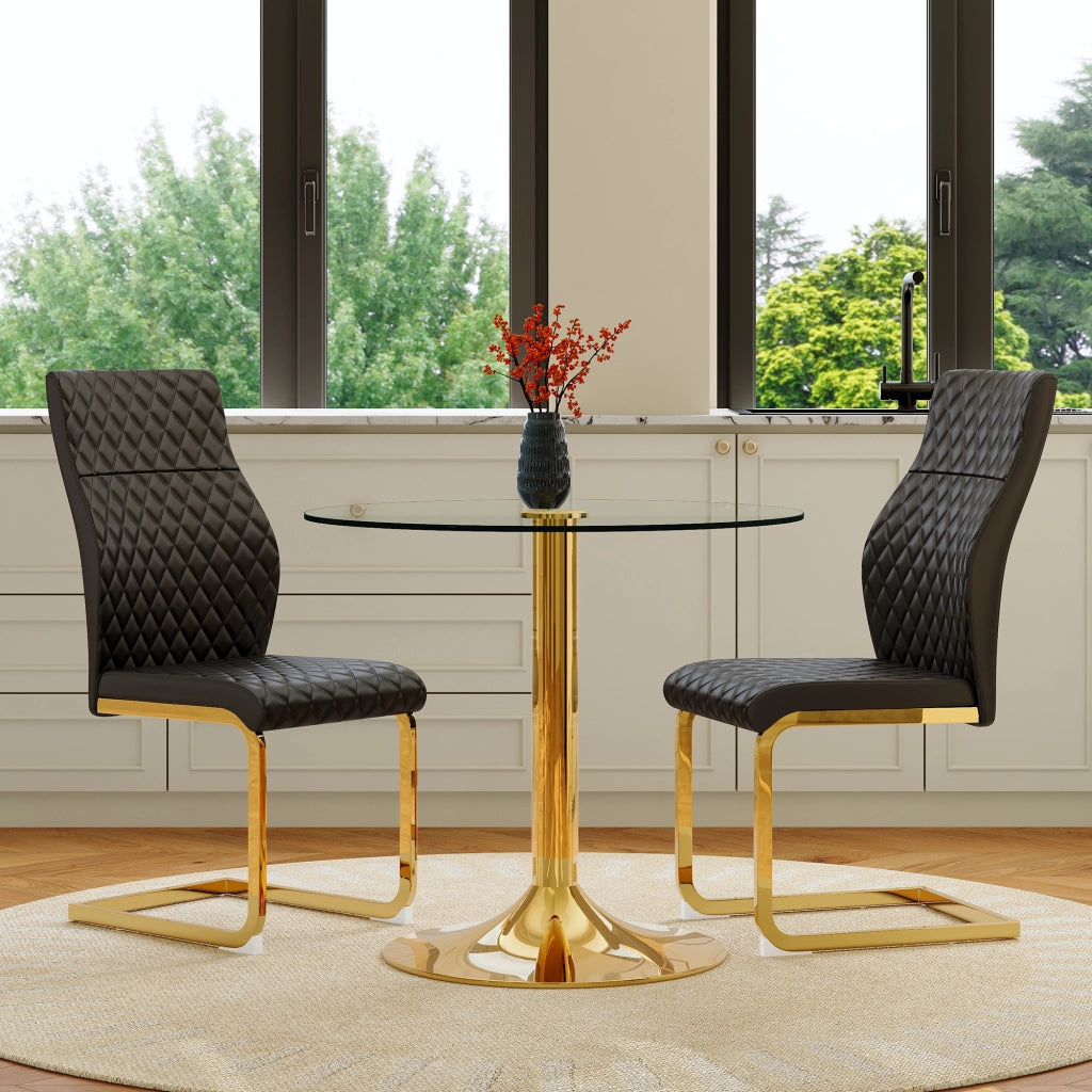 Set tavolo da pranzo e sedie con 1 tavolo rotondo e 2 sedie; in vetro temperato; metallo e PU nero e oro