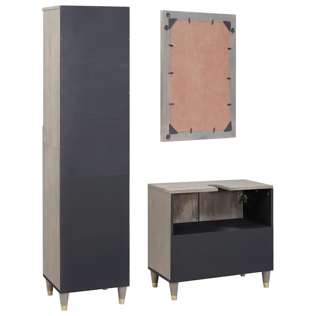 Set di Armadi da Bagno 3 pcs Grigio Legno di mango massello