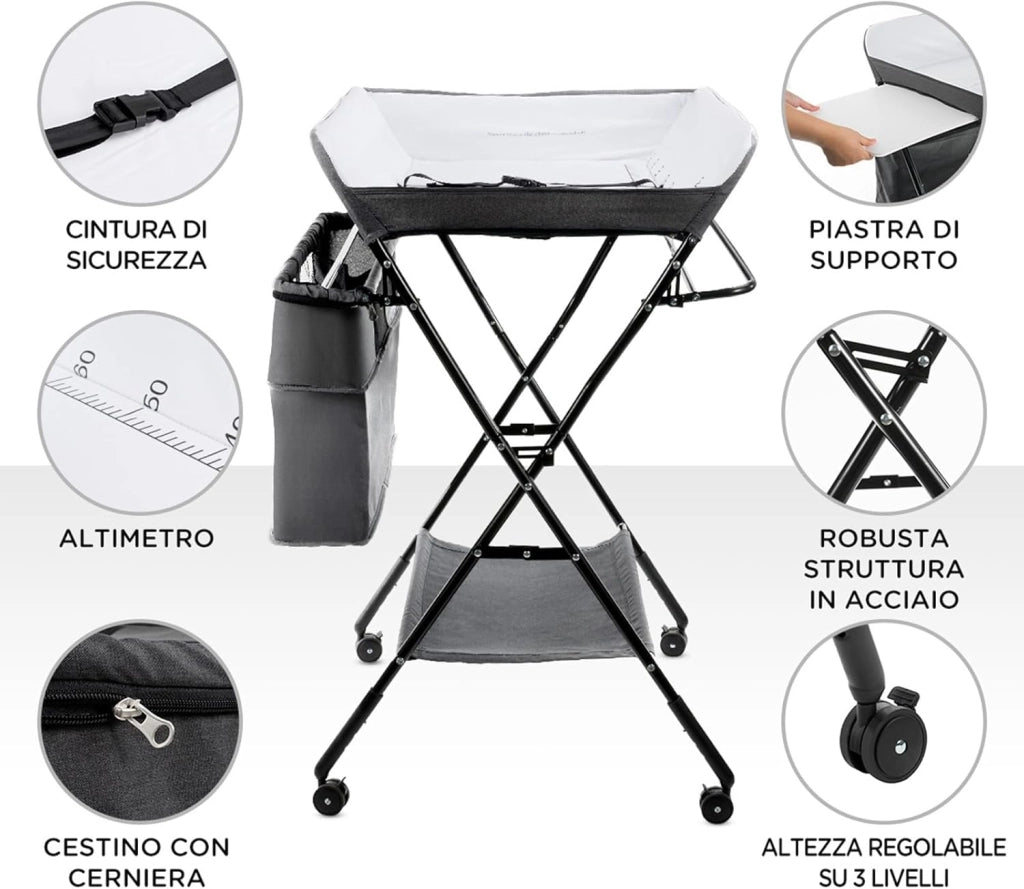 Fasciatoio Pieghevole Portatile, Bagnetto Cambio Pannolini per Bambini Neonati, con Ruote e Vaschetta, Altezza Regolabile 79.5x66x97-101 cm (Grigio)
