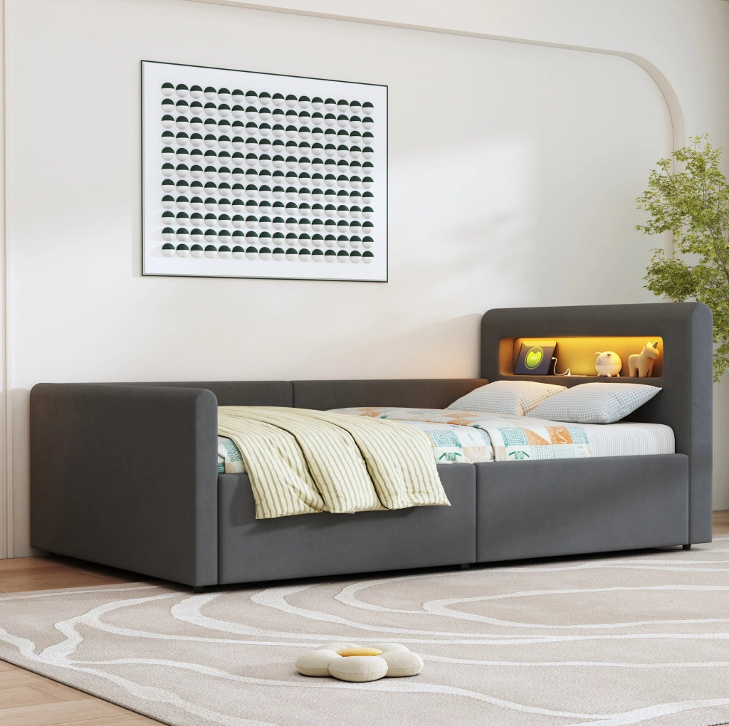 Letto imbottito 90x200 cm con LED; USB e contenitore in velluto grigio