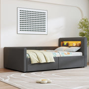 Letto imbottito 90x200 cm con LED; USB e contenitore in velluto grigio