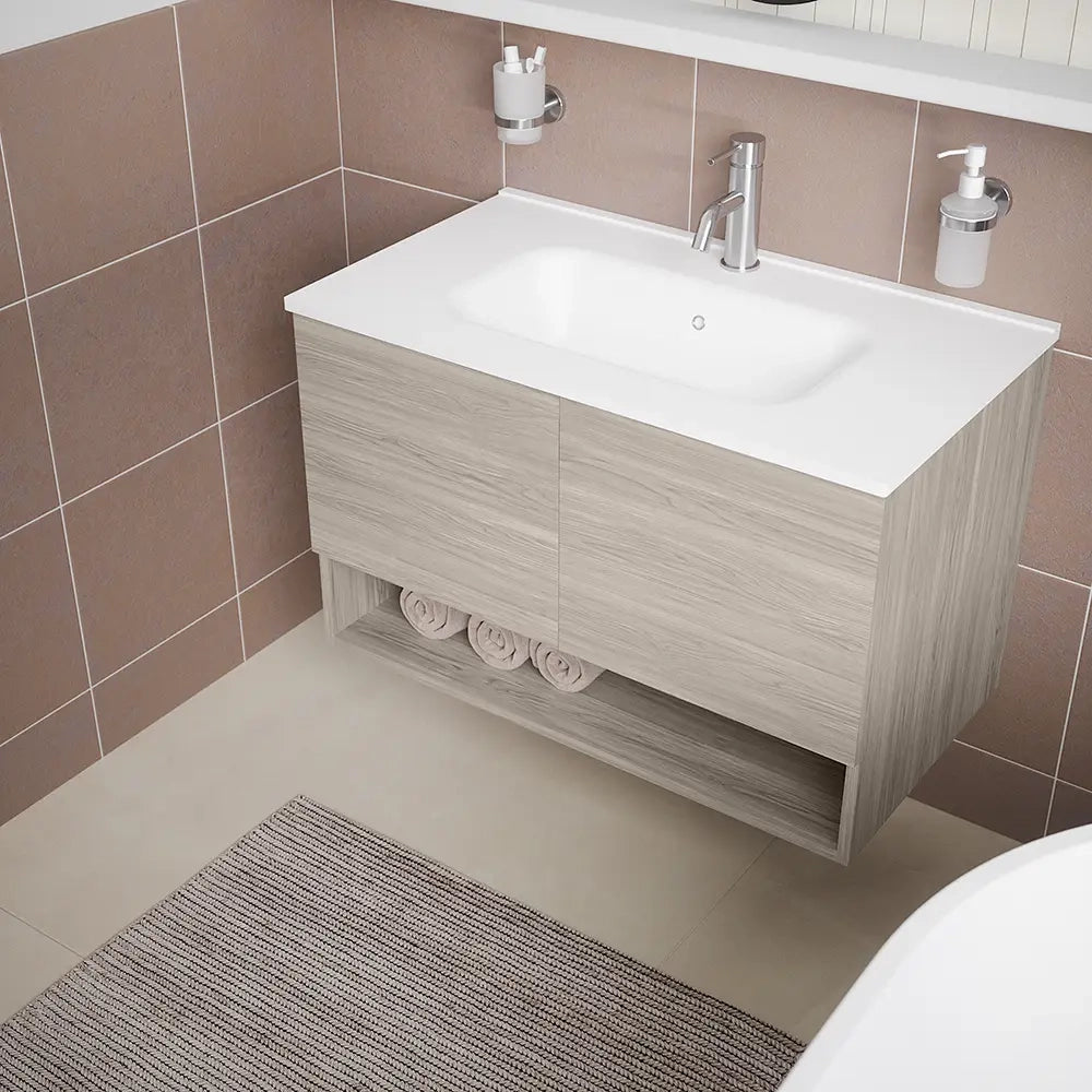Mobile sospeso 60 cm rovere grigio con due ante, vano a giorno e lavabo | Sauris
