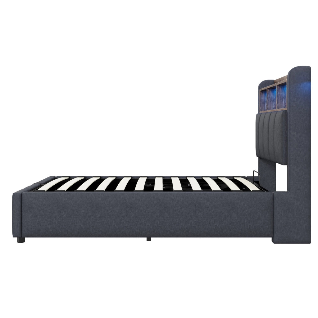 Letto imbottito singolo 90x200 cm grigio con LED, USB-C e contenitore idraulico