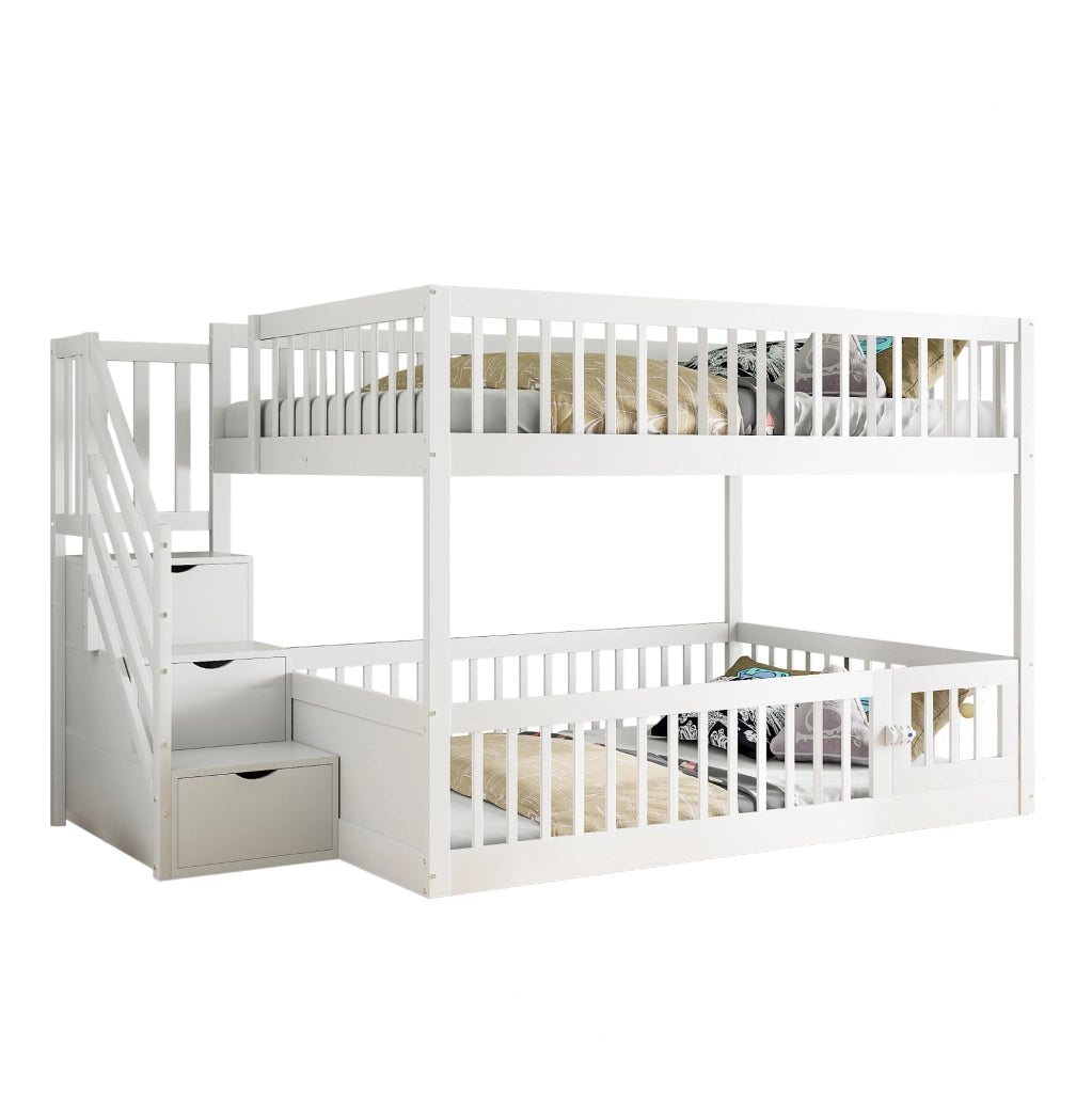 Letto a castello 140x200 cm con scala e cassetti in legno bianco