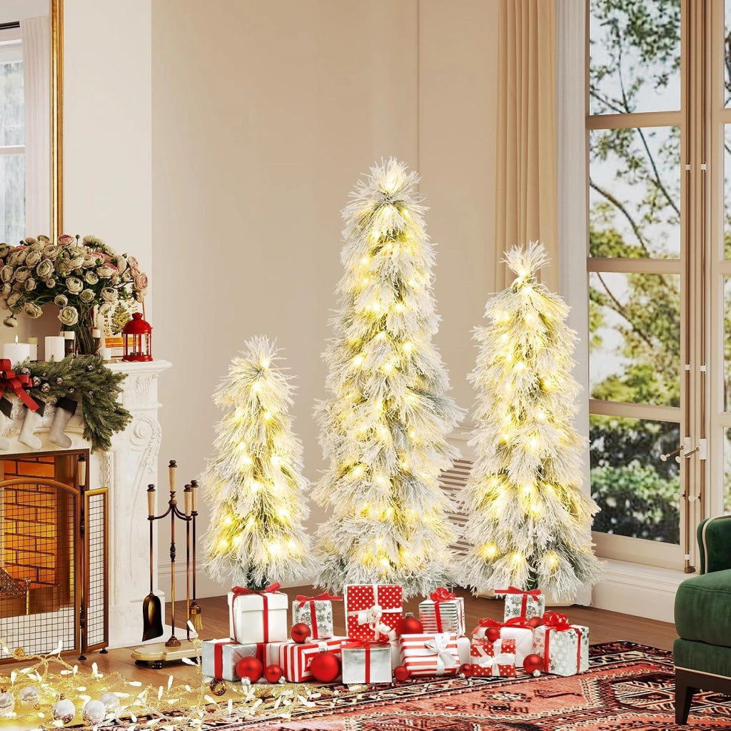 Set di 3 Alberi di Natale Artificiali, Alberi di Natale con Luci LED e Rami Densi e Realistici, Decorazione Natalizia per Casa, Ufficio e Negozio (Stile 4)