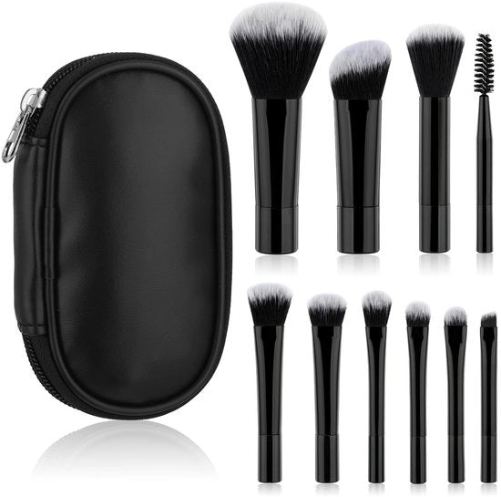 Mini set di pennelli per trucco 10 pezzi - Set di pennelli per trucco portatile - Incluso astuccio - Fibra sintetica - Nero - Dimensioni 13,5 cm x 8 cm - Set di pennelli per trucco