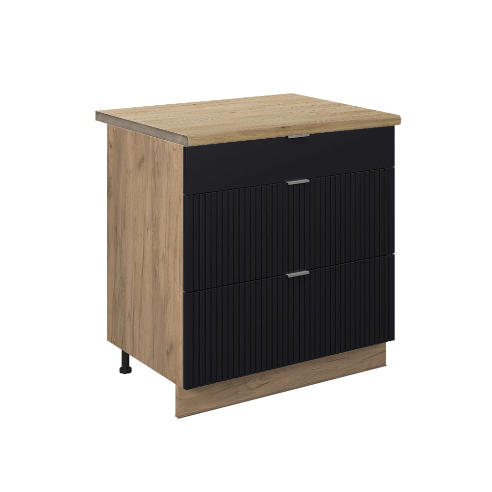 Vicco Mobiletto base per cucina Nero a righe 80 cm con 3 cassetti, PL Rovere