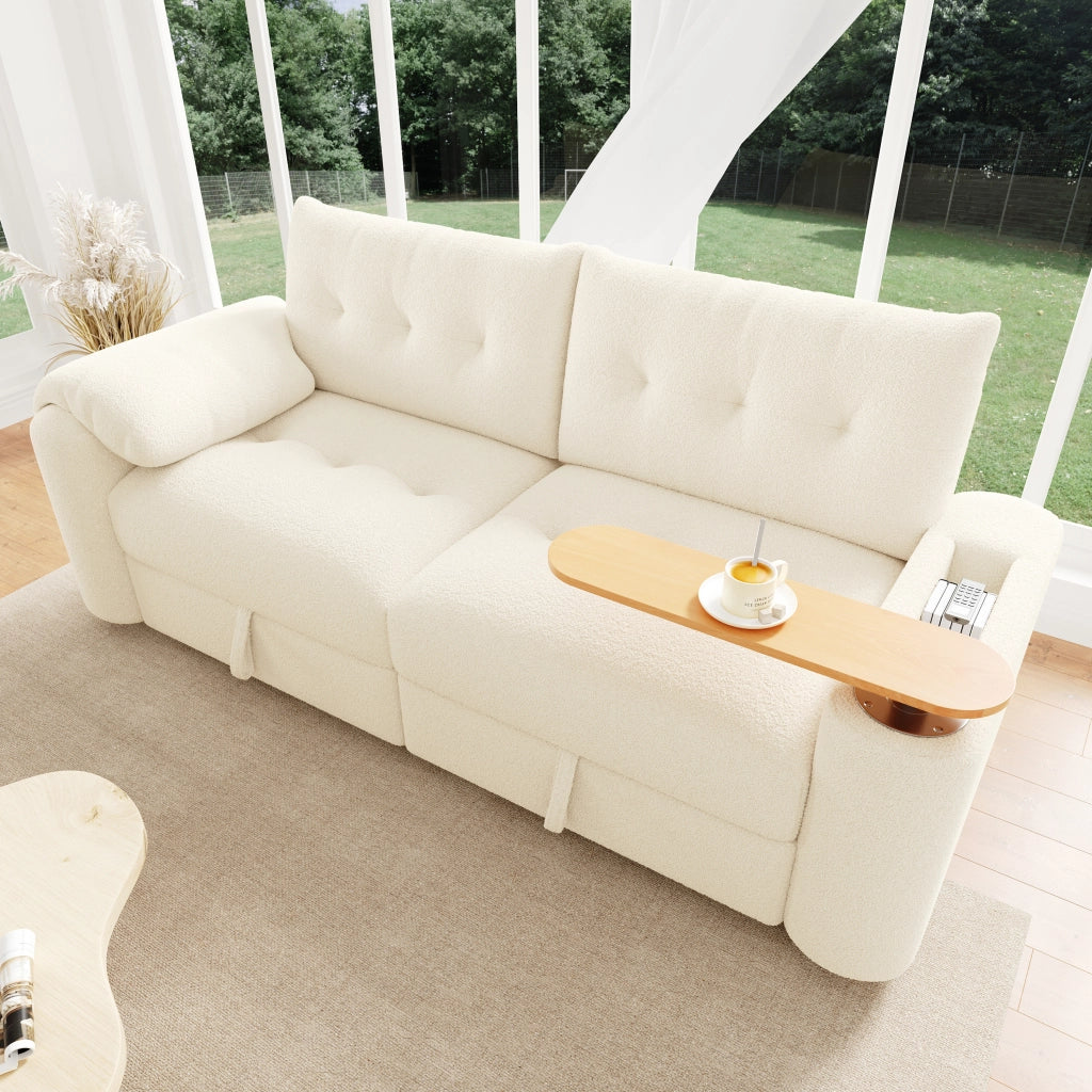 Divano modulare 2-3 posti con contenitore tavolino girevole a 270° e poggiatesta per salotto compatto in teddy beige
