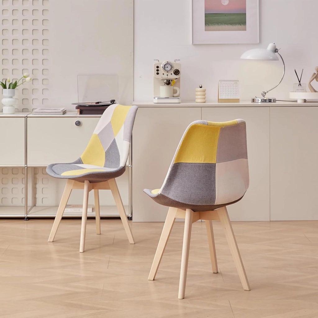 GrandCA HOME Set di 2 Sedie da Pranzo Scandinave con Cuscino del Sedile in Tessuto Patchwork Staccabile e Gambe in Legno di Faggio, per Soggiorno, Sala da Pranzo, Cucina, Patchwork Giallo