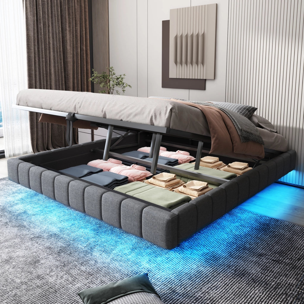 Letto Contenitore 180x200 cm con LED e scomparto nascosto in tessuto imbottito Grigio