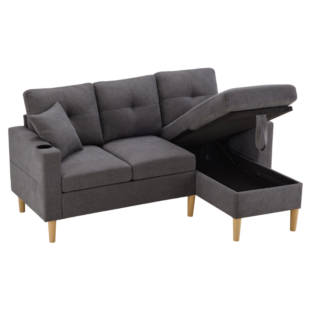 Divano 175x129x90 cm con chaise longue reversibile; contenitore e portabicchieri in cotone e lino grigio scuro