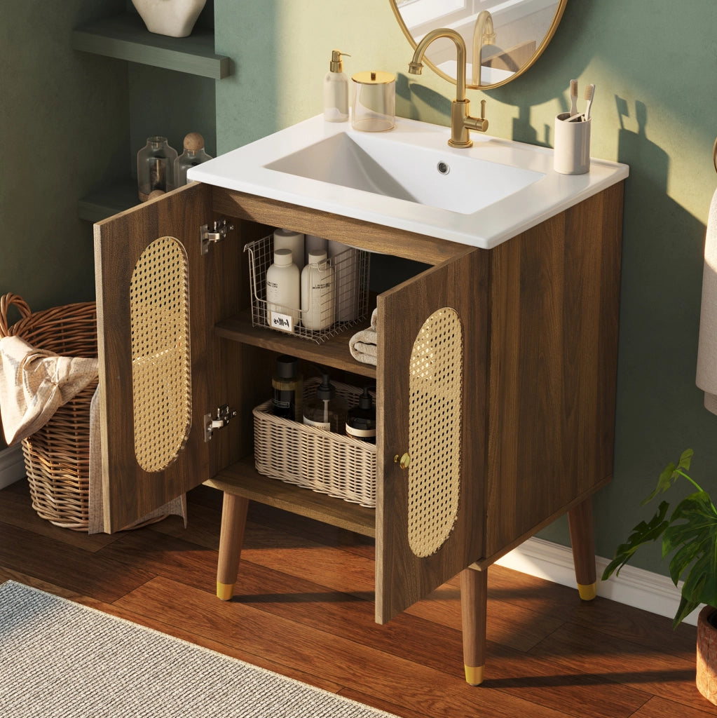 Mobile bagno sottolavabo 61 cm freestanding con lavabo in ceramica; ante in rattan; noce