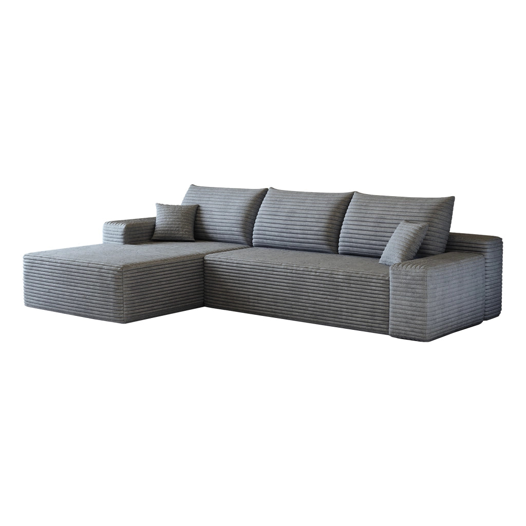 Divano angolare modulare con chaise longue e seduta profonda in velluto a coste grigio 270×175×83 cm