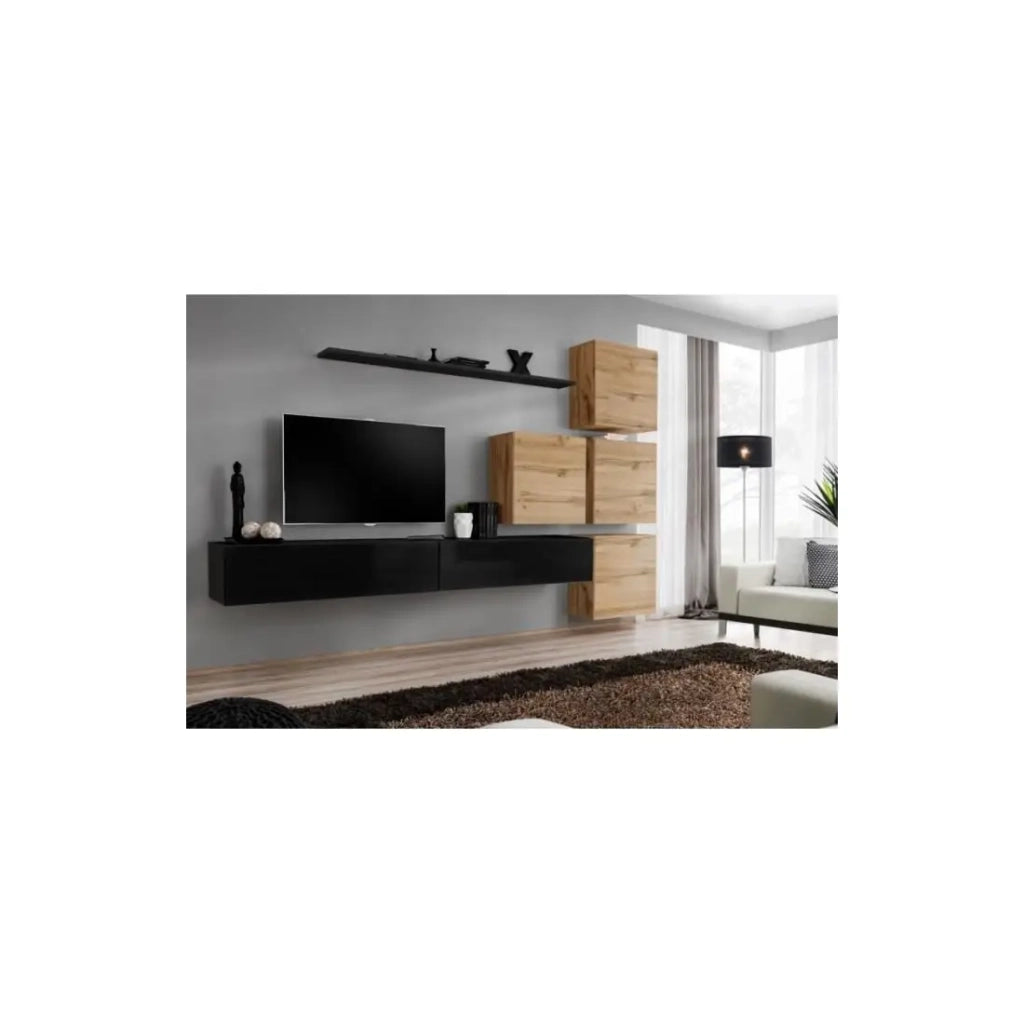 Set di mobili da salotto murale SWITCH IX design, colore nero lucido e quercia Wotan.