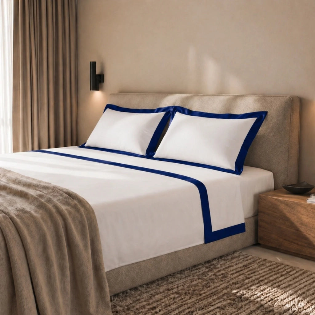 Set Lenzuola Letto Matrimoniale 100% Cotone | Lenzuolo Piano 250x295 cm, Lenzuolo con Angoli 175x200 cm e 2 Federe Coordinate | Lenzuola con Balza Decorativa in Raso Blu