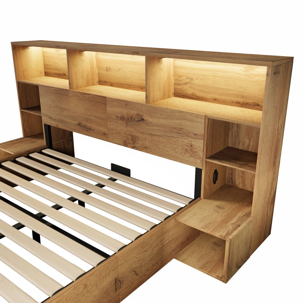DESMIU Lit coffre 160 × 200 cm 2 posti con LED, USB-A e USB-C, ripiani, senza materasso, in legno, rovere