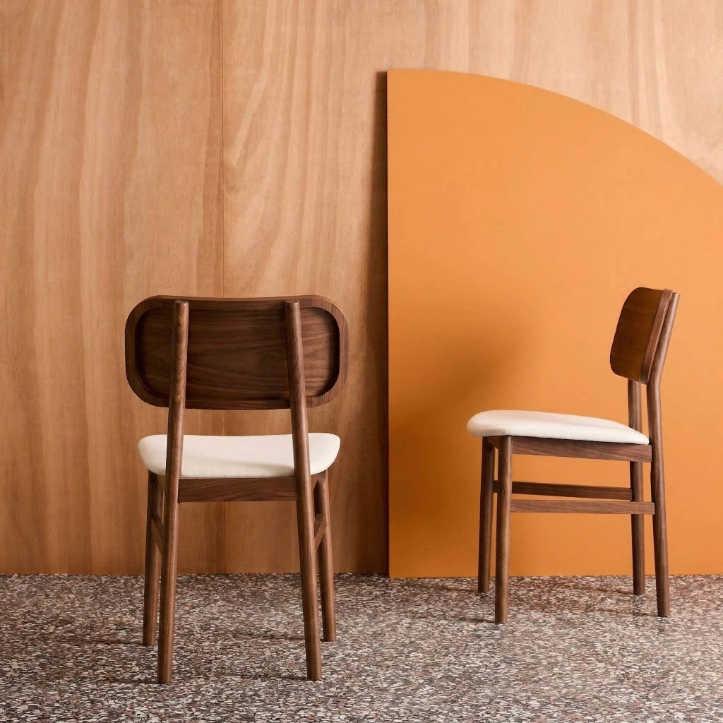 Set di 2 sedie vintage in legno di hevea e tessuto, noce