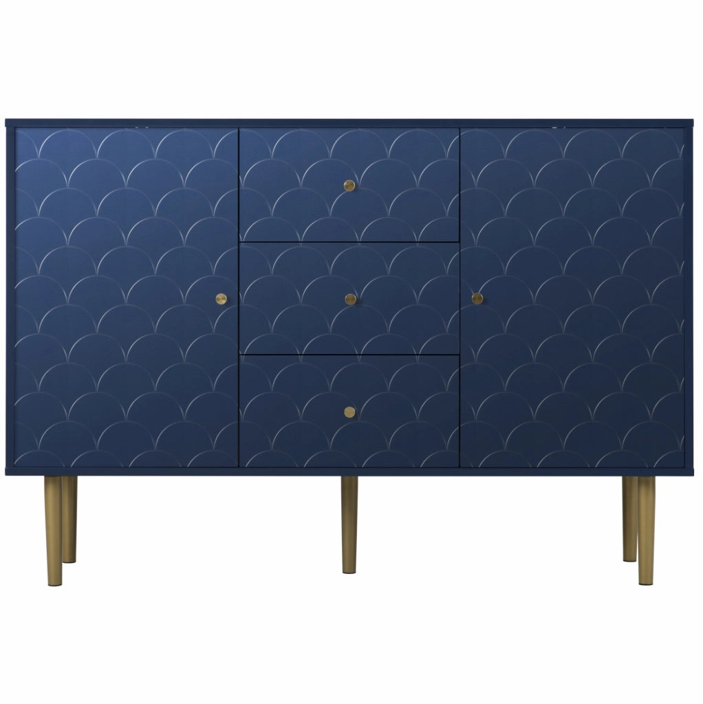 Credenza 120x40x83 cm con 2 ante; 3 cassetti e ripiano regolabile in legno e metallo blu navy