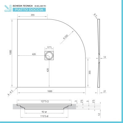Piatto doccia semicircolare 100x100 beige riducibile su misura Ten