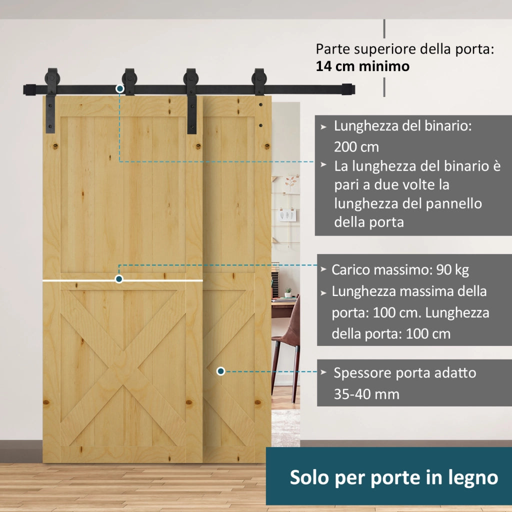 Kit Porta Scorrevole in Acciaio con Binario, Rulli, Fermi, Guide, Bulloni e Viti, 200x0.6x4 cm, Nero