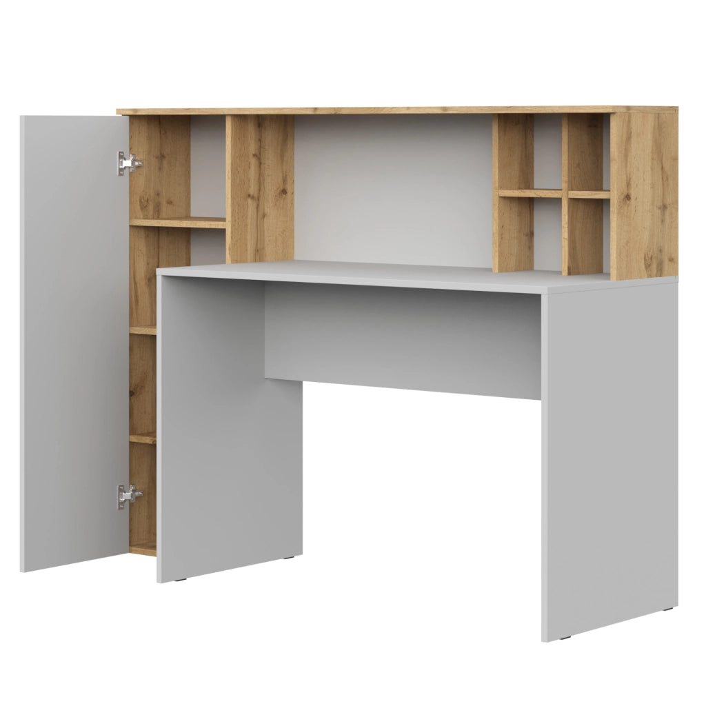 Scrivania FAUSKE - Spaziosa - Con Armadietto - Quercia Wotan - Bianca - Larghezza 153 cm, Altezza 116 cm, Profondit? 54 cm