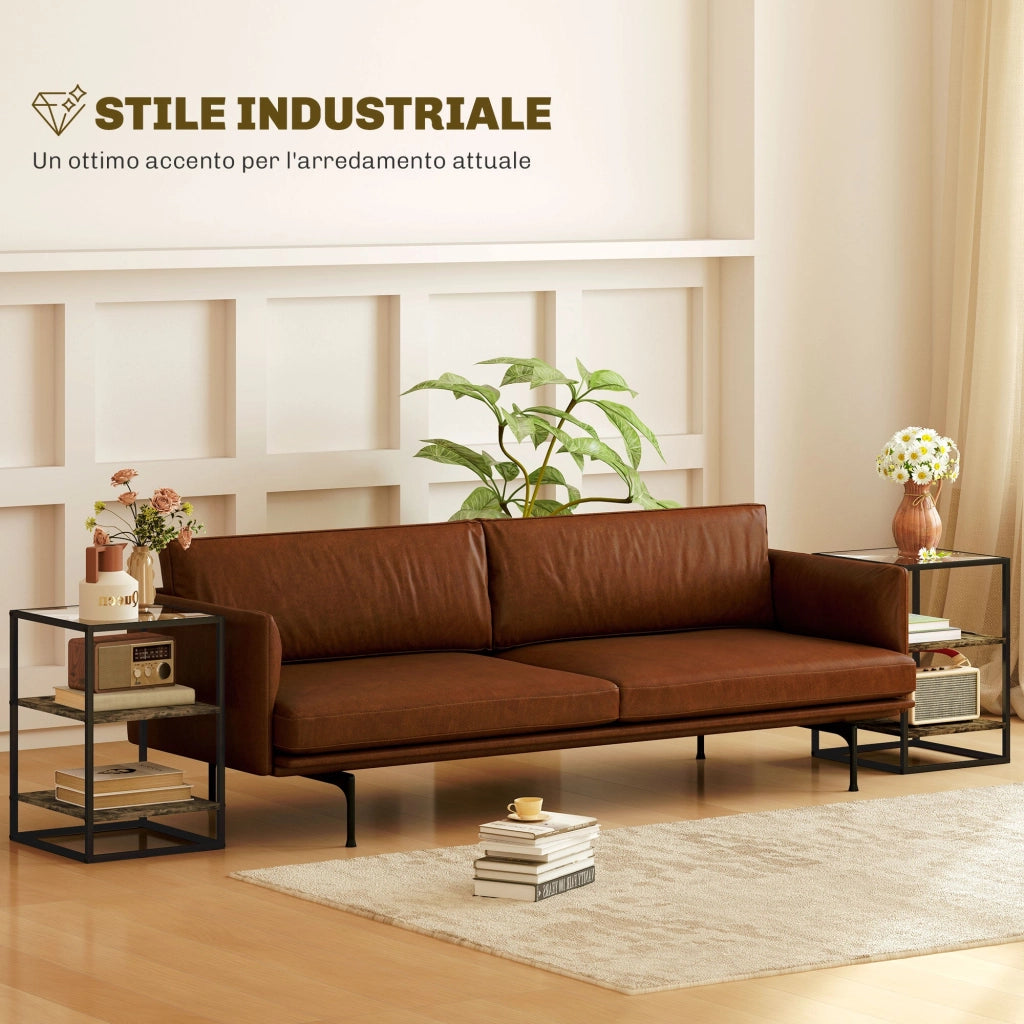 Set 2 Tavolini a 3 Livelli in Legno e Metallo con Piano in Vetro Temperato 37x40x55,5 cm Marrone