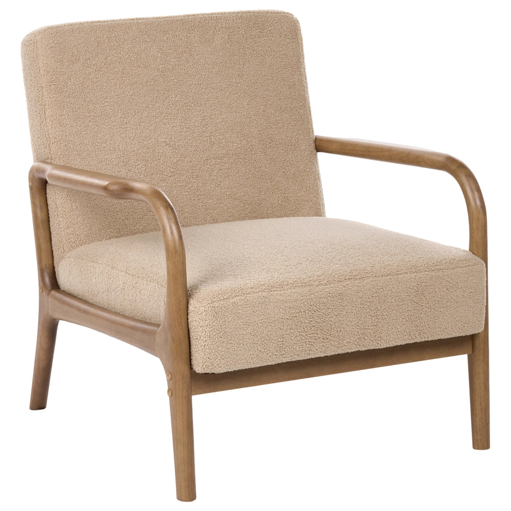 Poltrona beige in bouclé con struttura in legno - Poltrona lounge retrò in stile Mid-Century stile moderno