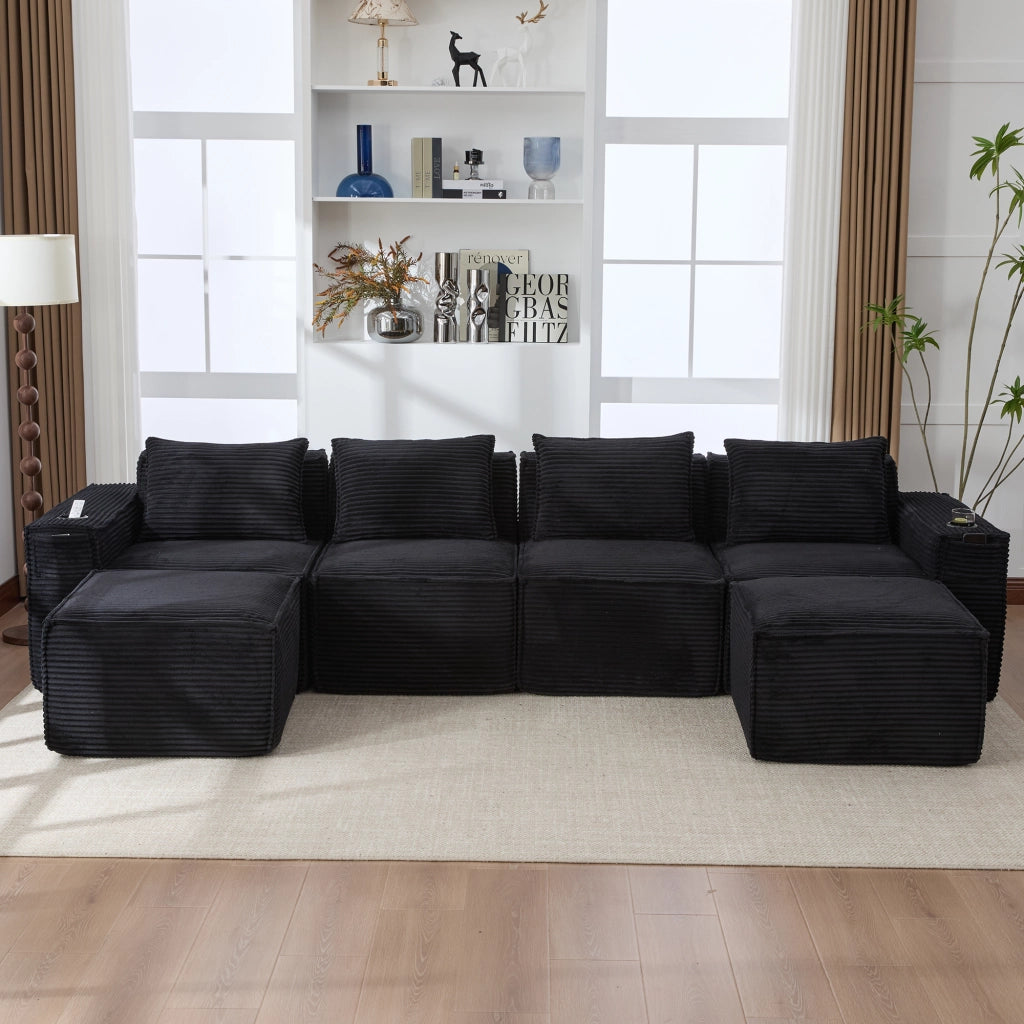 DIVANO MODULARE 4 POSTI 330x162x75 cm Velluto a coste Nero con 2 pouf