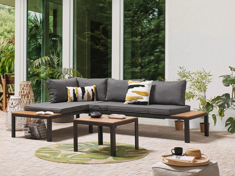 Set divano ad angolo da giardino cuscini grigi design a doghe tavolino da caffè a 4 posti moderno set di conversazione