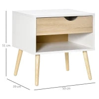 Set di 2 Comodini Moderni con Cassetto e Mensola, Base Rialzata e Gambe in Legno, 50x39x51cm, Bianco e Rovere