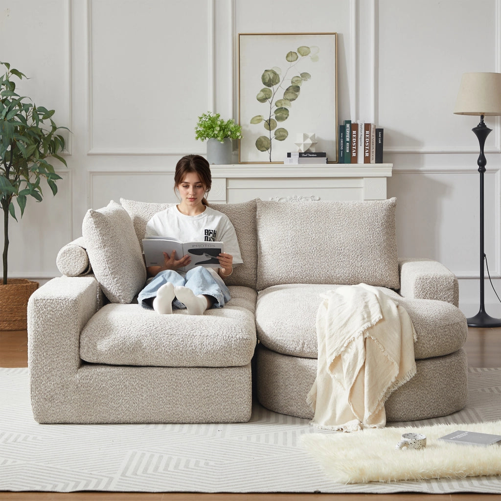 Divano modulare a quattro moduli con chaise longue reversibile e cuscini cervicali, in ciniglia beige e ferro