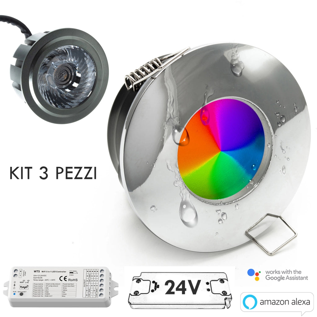 Faretto KIT SMART WiFi cromoterapia IP65 LED 6W multicolore 24V Alexa Google alimentatore RGBW 3000K CROMATO KIT 3pz