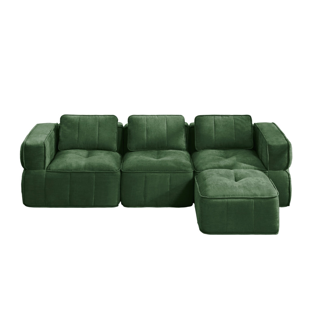 Divano angolare modulare 3 posti con pouf, design senza struttura, in poliestere verde, per soggiorno, 271 × 162 × 67 cm