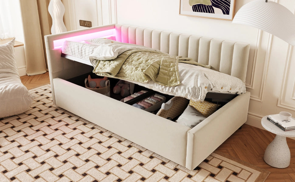 DESMIU Letto Contenitore 90 × 200 cm 1 posto con LED, vano idraulico, senza materasso, in velluto, beige