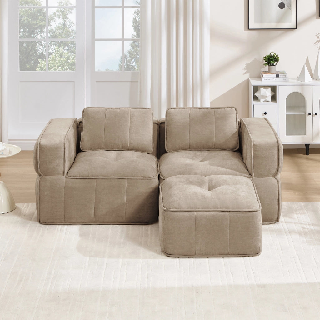 Divano angolare modulare a 2 posti senza struttura con pouf e seduta profonda in poliestere sabbia 198 × 162 × 67 cm