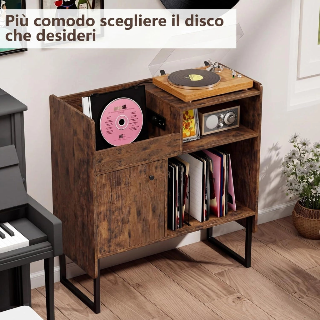 Mobile Giradischi con Stazione di Ricarica, Supporto Porta Vinili e Dischi, Tavolino con Armadietto e Scomparti Aperti, Stile Vintage, in Legno e Metallo, 80 x 35,5 x 85,5 cm