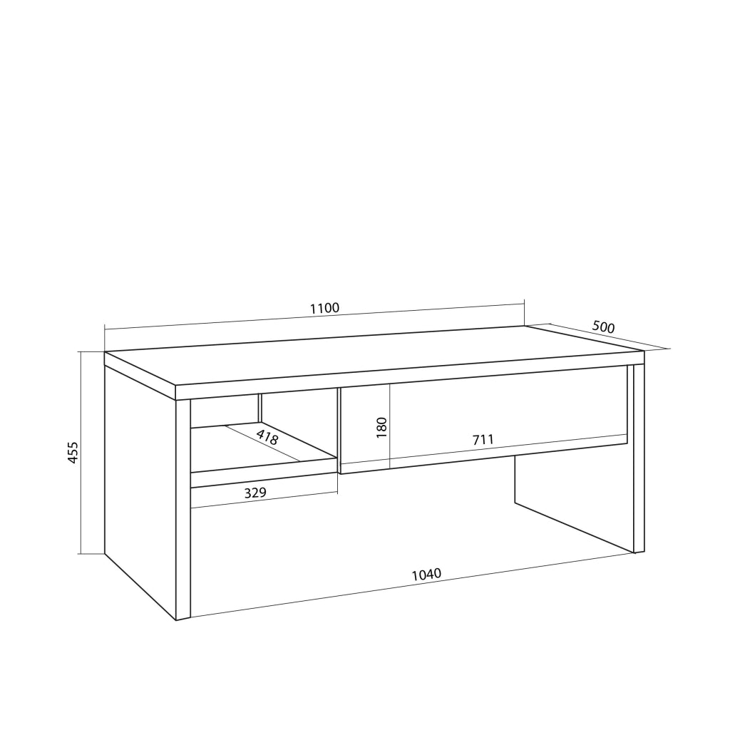 Tavolino Sollevabile Basso, 110x45x50cm, Tavolino da Caffè, colore Rovere e nero RF3696